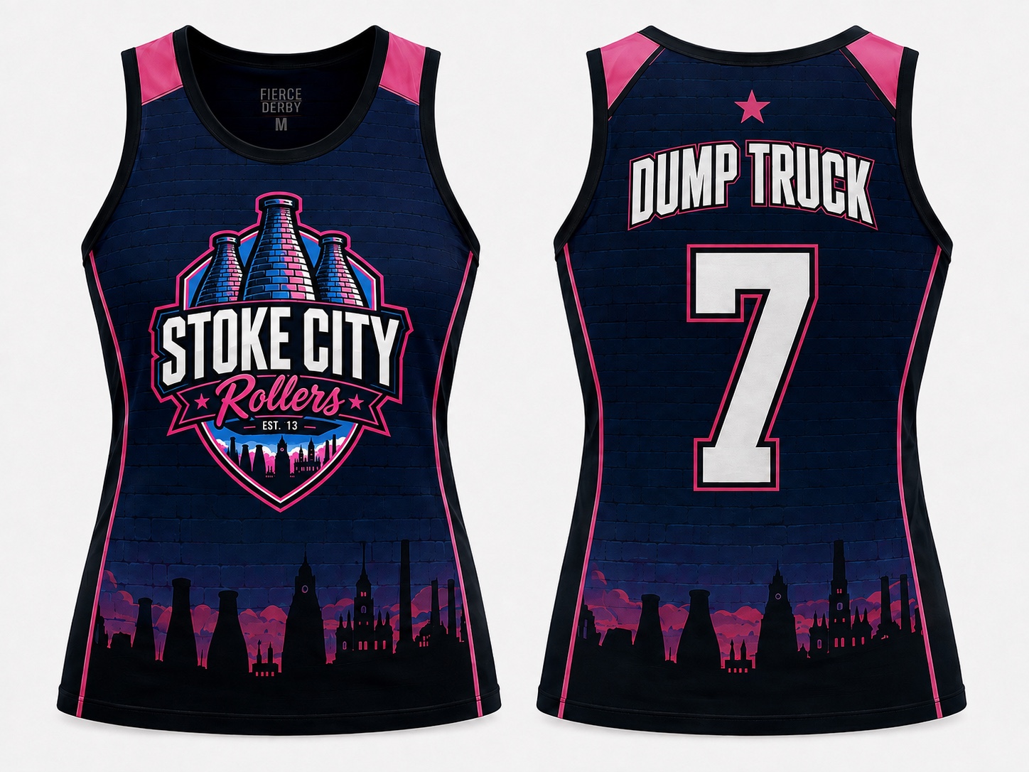 Navy and pink Stoke City Rollers uniform