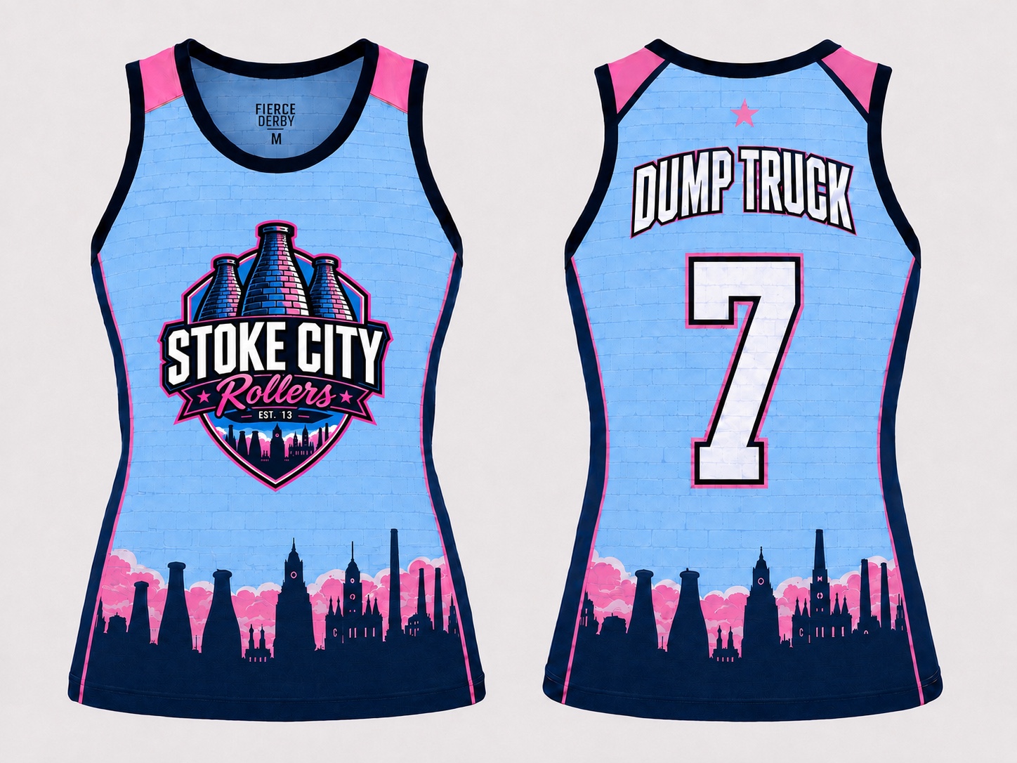 Light blue and pink Stoke City Rollers uniform