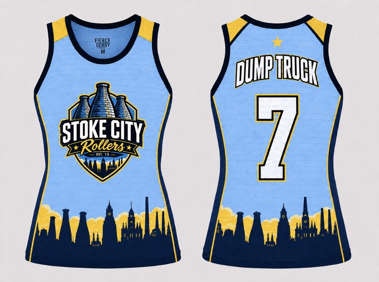 Light blue and yellow Stoke City Rollers uniform