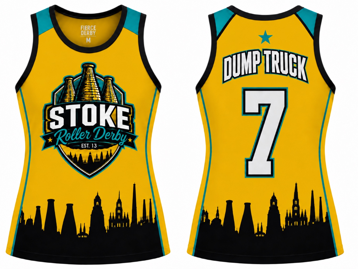 Yellow and teal Stoke Roller Derby uniform