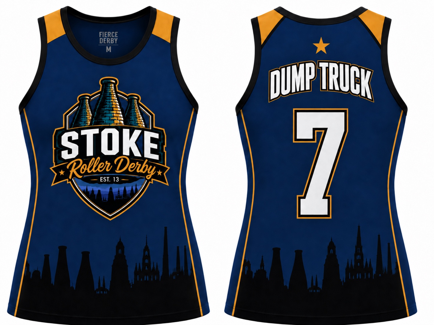 Navy and orange Stoke Roller Derby uniform