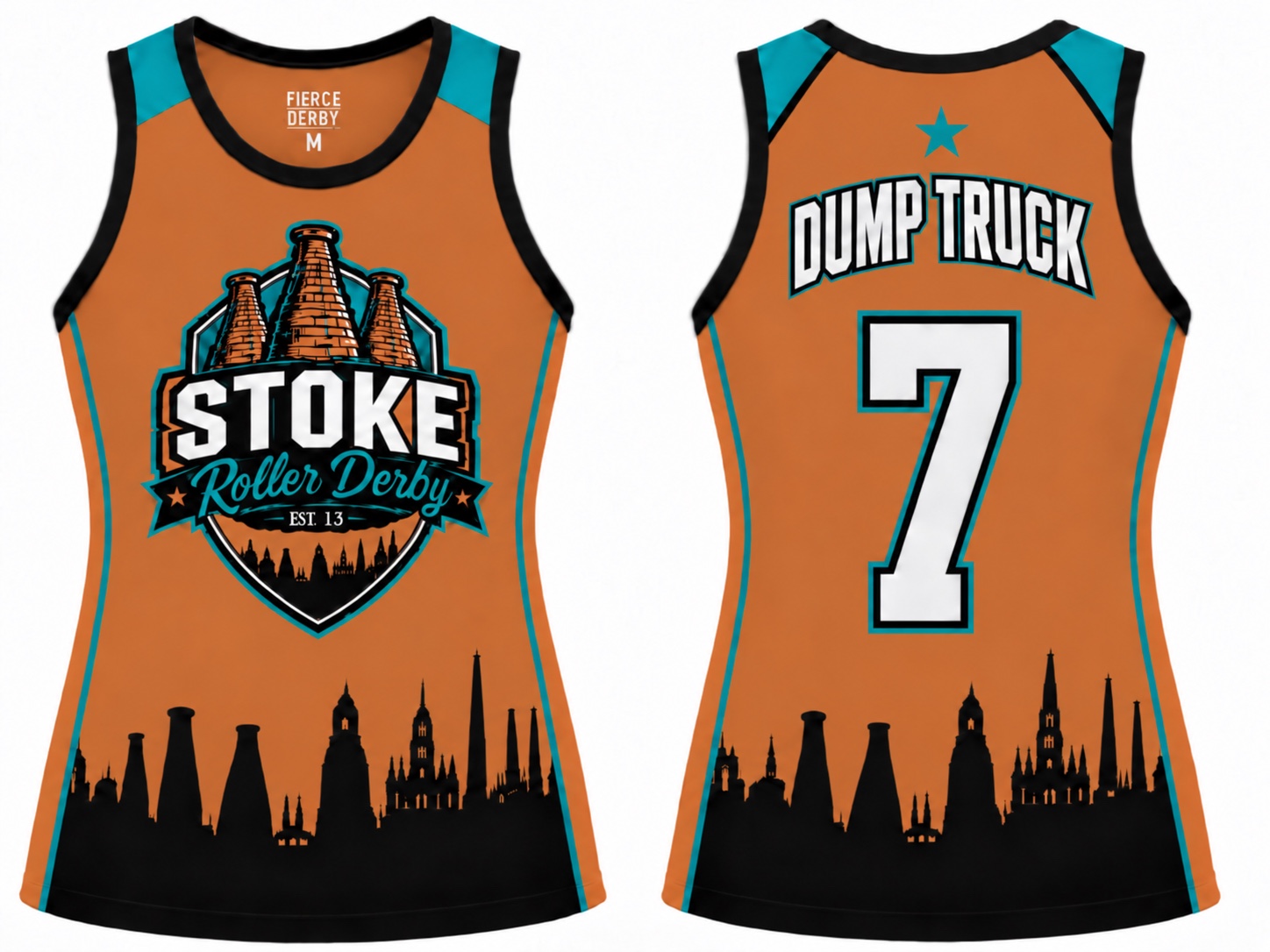 Orange and teal Stoke Roller Derby uniform